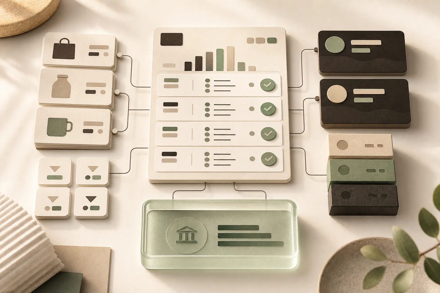 Abstract ecommerce accounting dashboard with payouts, packages, and ledger panels.