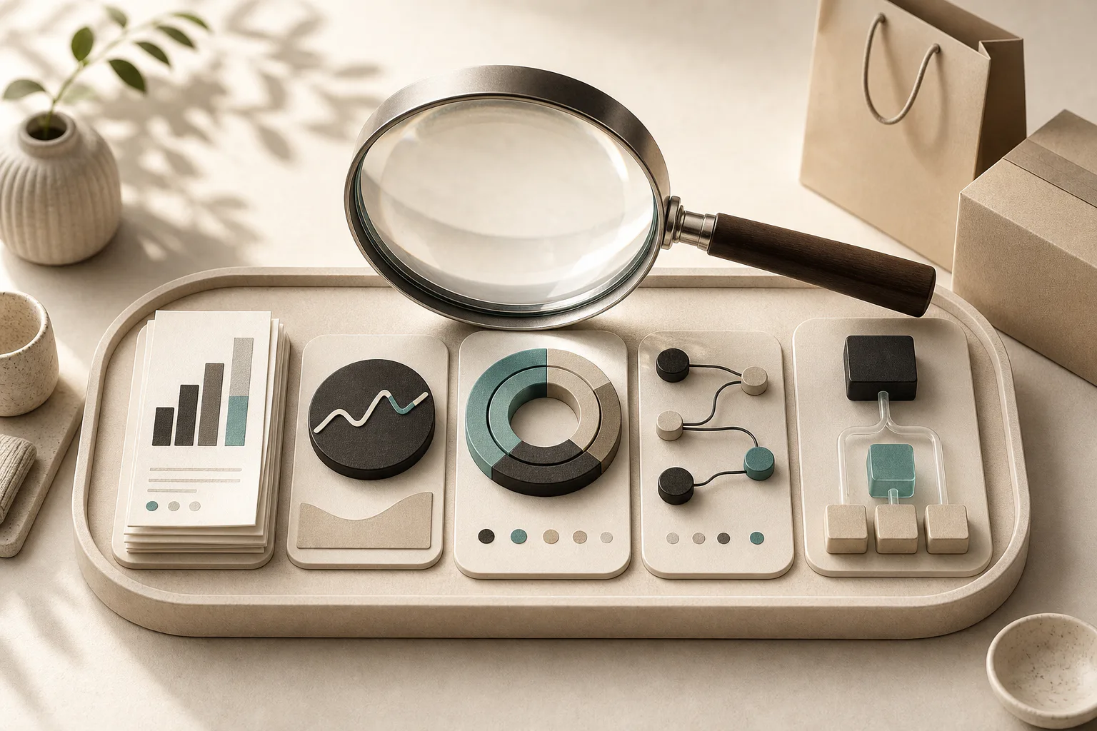 Abstract ecommerce analytics workspace with charts and product cards.