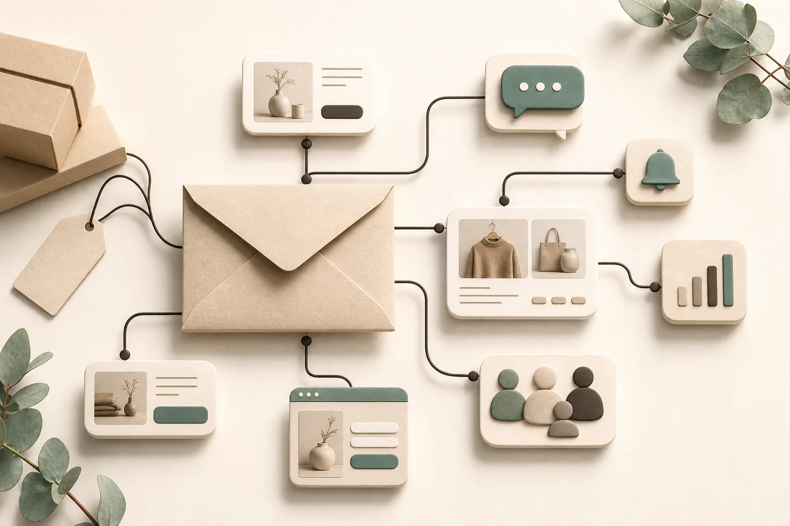 Abstract ecommerce marketing dashboard with product cards and message elements