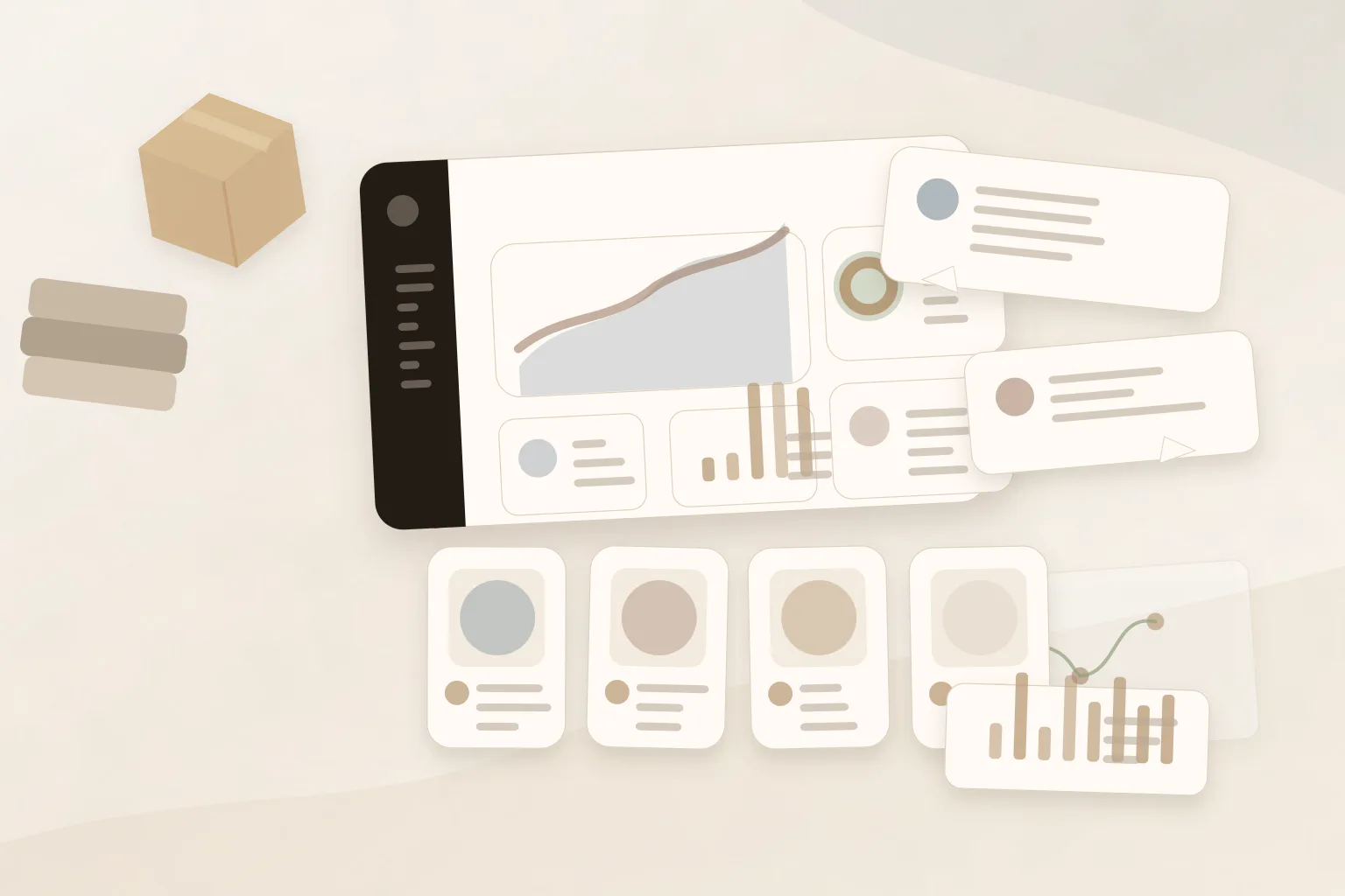 Abstract ecommerce helpdesk dashboard with support objects