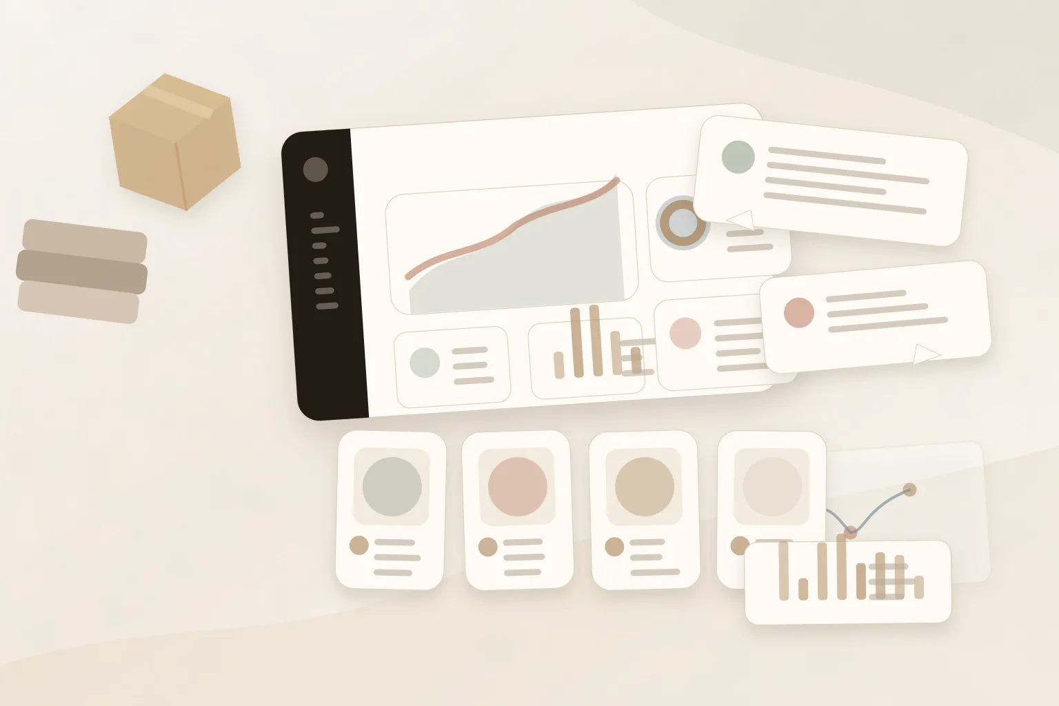 Abstract ecommerce support dashboard with chat and AI elements
