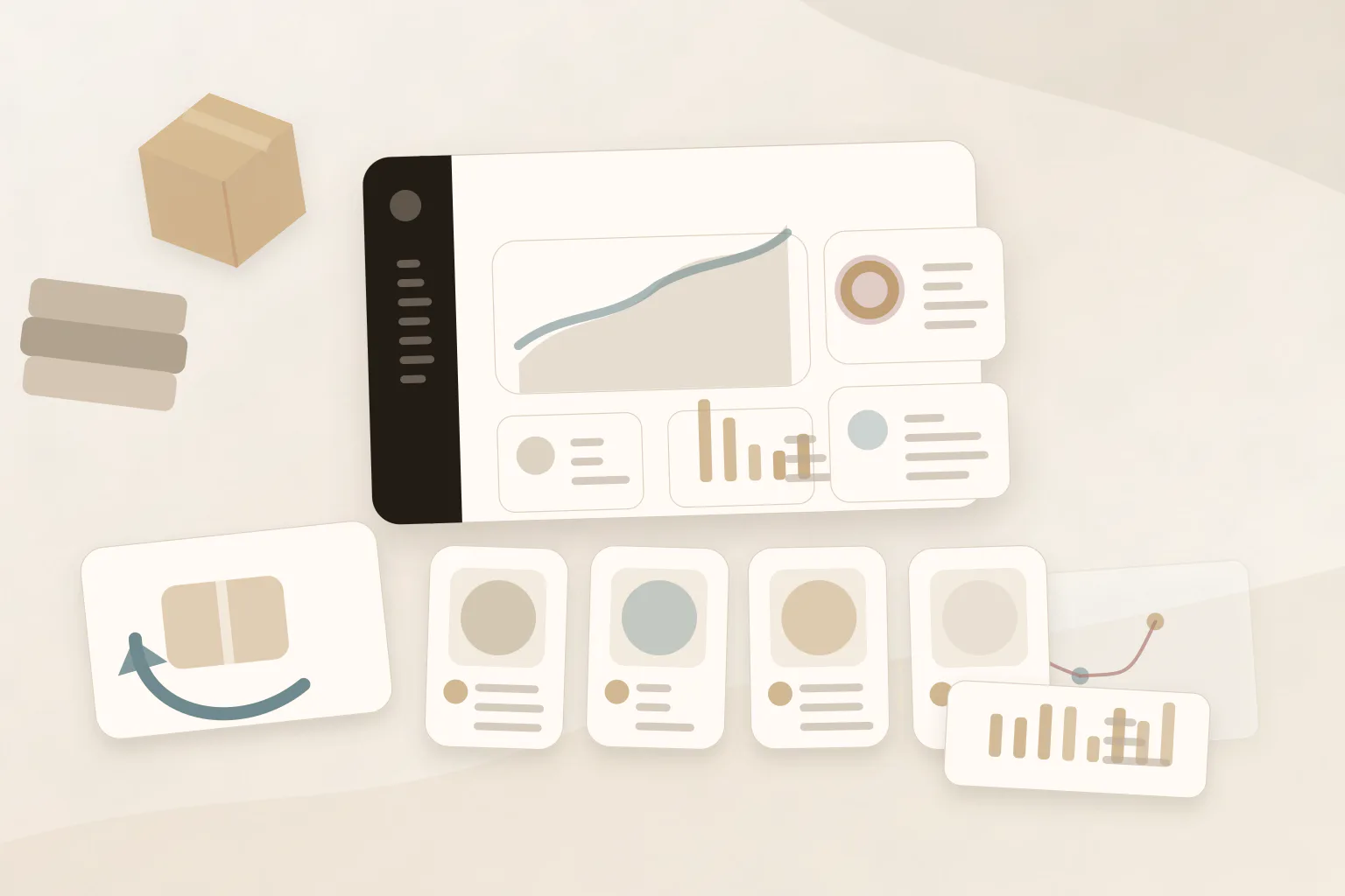 Abstract ecommerce returns dashboard with packages and analytics.