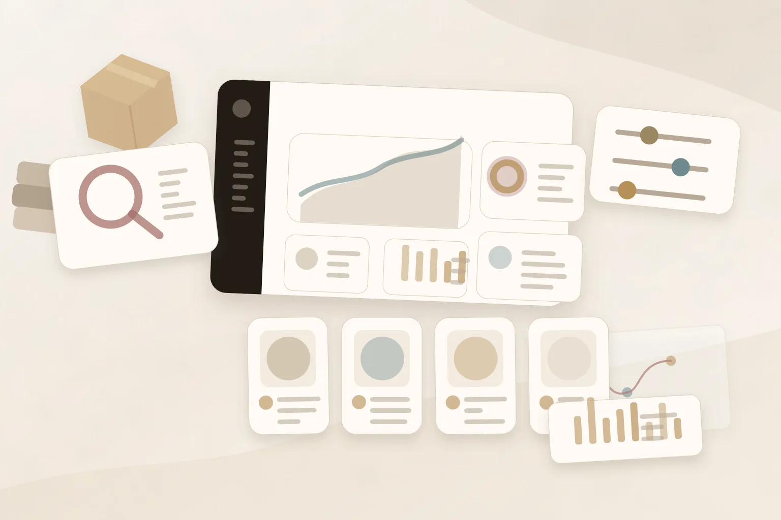 Abstract ecommerce search and filter dashboard with product cards.