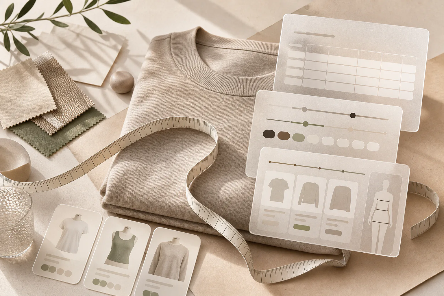 Abstract ecommerce sizing dashboard with garment and measurement objects
